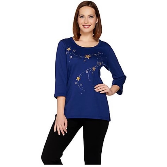 Quacker Factory 1X Wishing On A Star 3/4 sleeve top - Picture 4 of 7